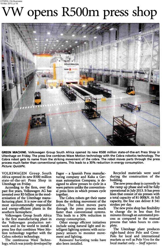 Fagor Arrasate event: SOUTH AFRICAN NEWSPAPERS COVER WIDELY THE INSTALLATION OF A FAGOR WAVELINE PRESSLINE IN VOLKSWAGEN