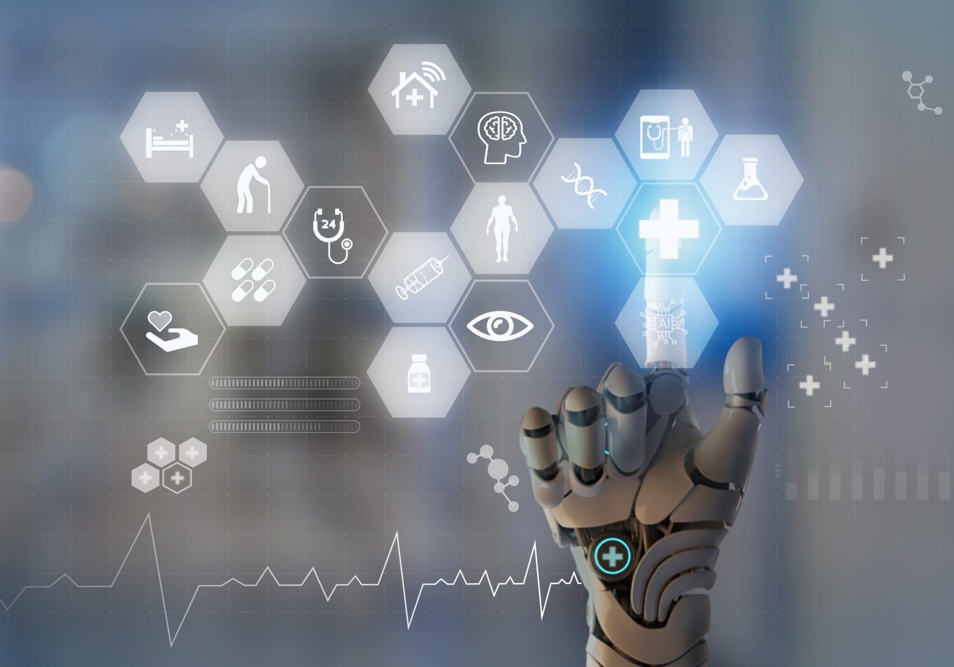 Digital healthcare and medical technology concept. Using AI artificial intelligence, telemedicine, mobile health applications, remote healthcare for personalized diagnoses and treatment in real time.